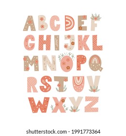 Alphabet letter set with floral elements. Vector illustration.