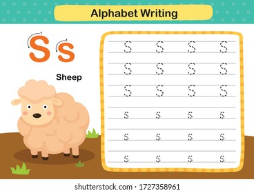 Alphabet Letter S-Sheep exercise with cartoon vocabulary illustration, vector