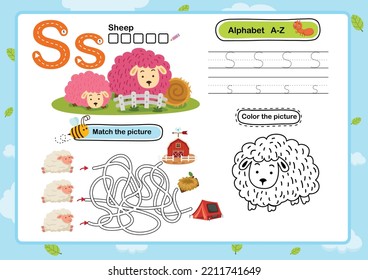 Ejercicio de letra alfabética S-Sheep con ilustración de vocabulario de dibujos animados, vector