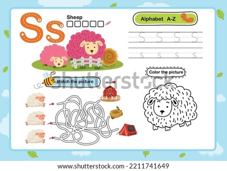 Alphabet Letter S-Sheep exercise with cartoon vocabulary illustration, vector