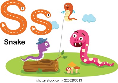 Alphabet Letter S-Snake with cartoon vocabulary illustration, vector