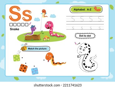 Ejercicio S-Snake de letra alfabeta con ilustración de vocabulario de dibujos animados, vector