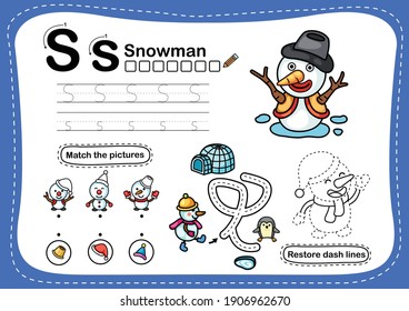 Alphabet Letter S-snowman exercise with cartoon vocabulary illustration, vector