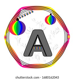 Un alfabeto. Una pegatina. Un logotipo inicial. Etiqueta de degradado vectorial de bola arco iris con formas y diseño de patrones. Ilustración del cartel. Elemento de etiqueta de tipo abstracto.