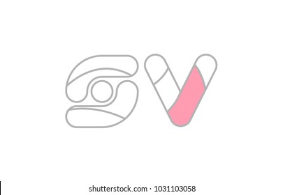 Alphabet letter sv s v logo with grey border and pink pastel color
