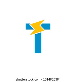 Alphabet Letter T. Blue and Yellow. Electricity Cartoon Style Typograph. Can use for icon or logo