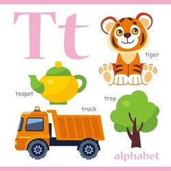 Alphabet Letter T With Cartoon Vocabulary Illustration: Tiger, Teapot, Truck, Tree. Cute Children ABC Alphabet Flash Card With Letter T For Kids Learning English Vocabulary.