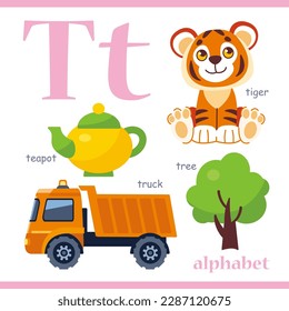 Letra alfabeta T con ilustración de vocabulario de dibujos animados: tigre, tetera, camión, árbol. Niños cortos tarjeta flash del alfabeto ABC con letra T para niños que aprenden vocabulario inglés.