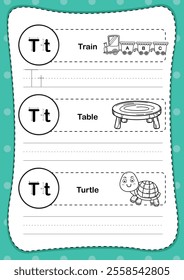 Alphabet letter T exercise with cartoon vocabulary for coloring book illustration, vector