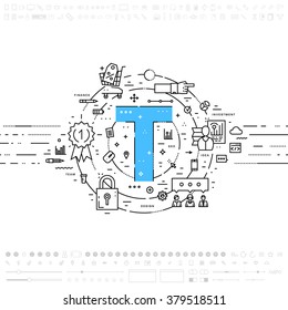 Alphabet Letter T. Flat Style, Thin Line Art Design. Set of application development, web site coding, information, mobile technologies, business icons and elements. Modern concept vectors collection