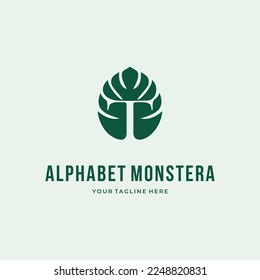 Alphabet Letter T green monstera deliciosa custom logo typography logo design vector illustration