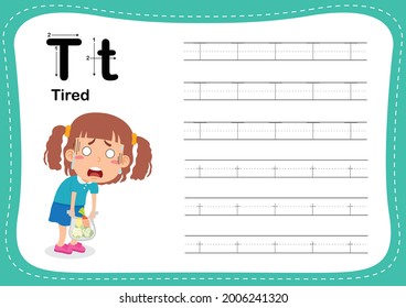 Alphabet Letter T - Tired exercise with cut girl vocabulary illustration, vector