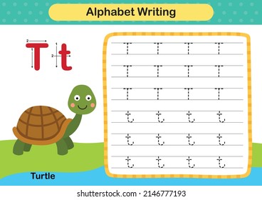 Alphabet Letter  T- Turtle exercise with cartoon vocabulary illustration, vector