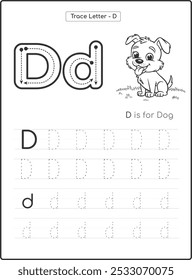 Alphabet Letter Tracing Worksheet for Kids Activity Book. Letter D Upper and Lower Case. Preschool Writing Practice for Toddlers and Teachers. Black and White Vector Printable Page