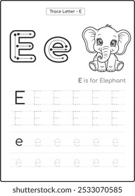 Alphabet Letter Tracing Worksheet for Kids Activity Book. Letter E Upper and Lower Case. Preschool Writing Practice for Toddlers and Teachers. Black and White Vector Printable Page