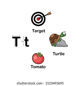 Alphabet Letter T-target,tomato,turtle vector illustration