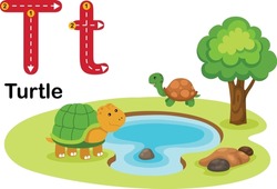 Alphabet Letter T-Turtle With Cartoon Vocabulary Illustration, Vector