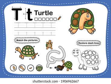 Alphabet Letter T-turtle exercise with cartoon vocabulary illustration, vector
