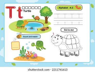 Alphabet Letter T-Turtle exercise with cartoon vocabulary illustration, vector