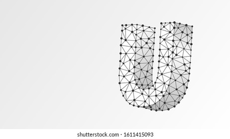 Alphabet letter U. Abstract digital wireframe, low poly mesh, vector white origami 3d illustration. Design of an Uppercase english letter. Banner, template or a pattern. Line, dot