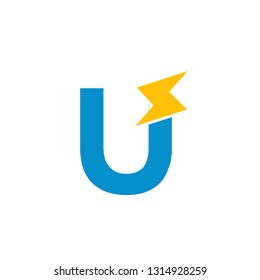 Alphabet Letter U. Blue and Yellow. Electricity Cartoon Style Typograph. Can use for icon or logo