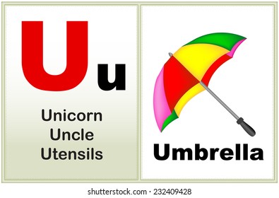 Alphabet letter U with clip-art and few similar words starting with the letter printable graphic for preschool / kindergarten kids