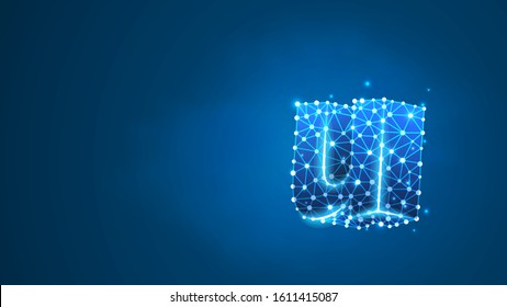 Alphabet letter U. Design of a lowercase english letter. Banner, template or a pattern. Abstract digital wireframe, low poly mesh, vector blue neon 3d illustration. Triangle, line, dot