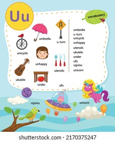 Alphabet Letter U education vocabulary illustration, vector