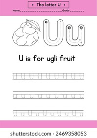 Alphabet Letter U exercise with  vocabulary illustration, vector