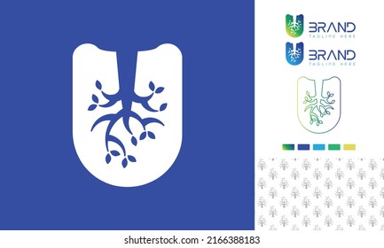 Alphabet letter U logo with a tree as negative space in bold letter with logo color variation and pattern for branding design