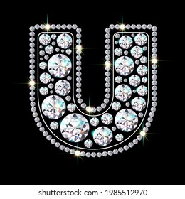 Alphabet letter U made from bright, sparkling diamonds. Jewelry font. 3d realistic style vector illustration.