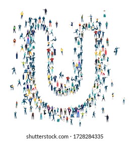 Alphabet. Letter U made of many little people, crowd creation. Lots of busy people in the letter shape. 