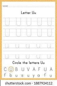 Alphabet Letter U Tracing Worksheet. Activity for pre schoolers and kindergarten. English Alphabet training for kids. A4 paper ready to print.