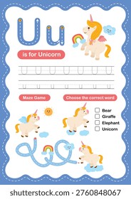 Alphabet Letter U Tracing Worksheet for Kids, Preschool and Kindergarten Handwriting Practice, U is for Unicorn ABC Learning Printable