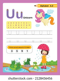 Alphabet Letter U - Unicorn  exercise with cartoon vocabulary illustration, vector