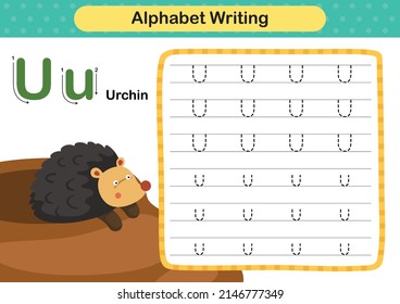 Alphabet Letter  U - Urchin exercise with cartoon vocabulary illustration, vector