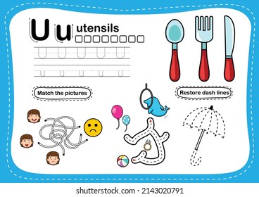 Alphabet Letter U - Utensils exercise with cartoon vocabulary illustration, vector