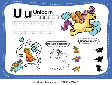 Alphabet Letter U-unicorn exercise with cartoon vocabulary illustration, vector