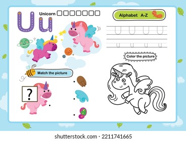 Alphabet Letter U-Unicorn exercise with cartoon vocabulary illustration, vector