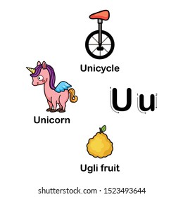 Alphabet Letter U-unicycle,unicorn,ugli fruit vector illustration