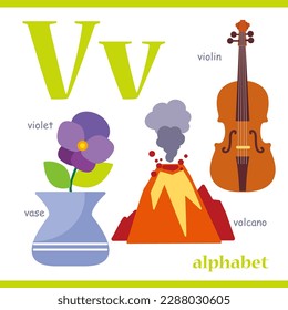 Alphabet letter V with cartoon vocabulary illustration: vase, violet, violin, volcano. Cute children ABC alphabet flash card with letter V for kids learning English vocabulary.