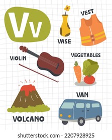 Letra alfabética V con objeto tierno e ilustración animal para niños que aprenden