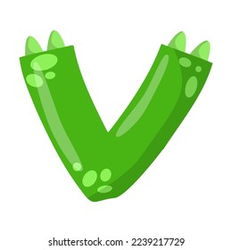 Alphabet letter V in dinosaur font vector illustration. Cute cartoon drawing of English letter and number in dino style for kindergarten or school children. Education concept