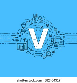 Alphabet Letter V. Flat Style, Thin Line Art Design. Set of application development, web site coding, information, mobile technologies, business icons and elements. Modern concept vectors collection