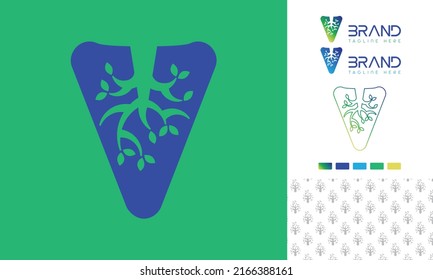 Alphabet letter V logo with a tree as negative space in bold letter with logo color variation and pattern for branding design
