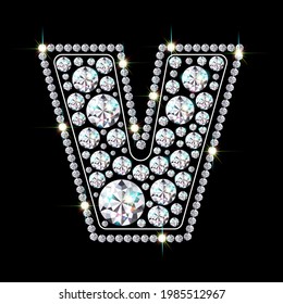 Alphabet letter V made from bright, sparkling diamonds. Jewelry font. 3d realistic style vector illustration.