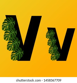Alphabet, the letter V on yellow background, with exotic green leaves, black, vector illustration, eps 10 