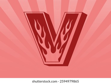 Alphabet letter V with ornament flames. Sunburst background. Vector illustration