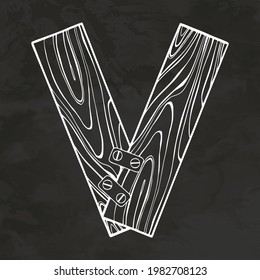 Alphabet Letter V Silhouette Hand Drawn Sketch Engraving Style Retro Vintage Vector Illustration