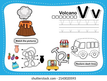Alphabet Letter V - Volcano exercise with cartoon vocabulary illustration, vector